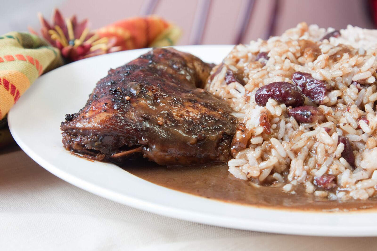 Jerk chicken, red beans and rice, with gravy.